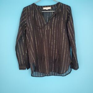 LOFT Long Sleeve Blouse Size XSP Black & Gold V-Neck
